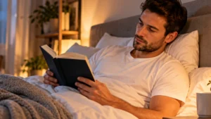 Man-reading-a-book-in-bed-during-a-calm-evening