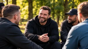 Men-supporting-each-other-through-open-conversation-in-a-park
