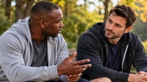 Two-men-having-a-supportive-conversation-outdoors