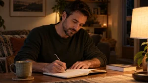 calming-habits-for-men-man-writing-in-a-journal-under-warm-evening-light