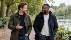 calming-habits-for-men-two-friends-walking-and-talking-beside-a-lake