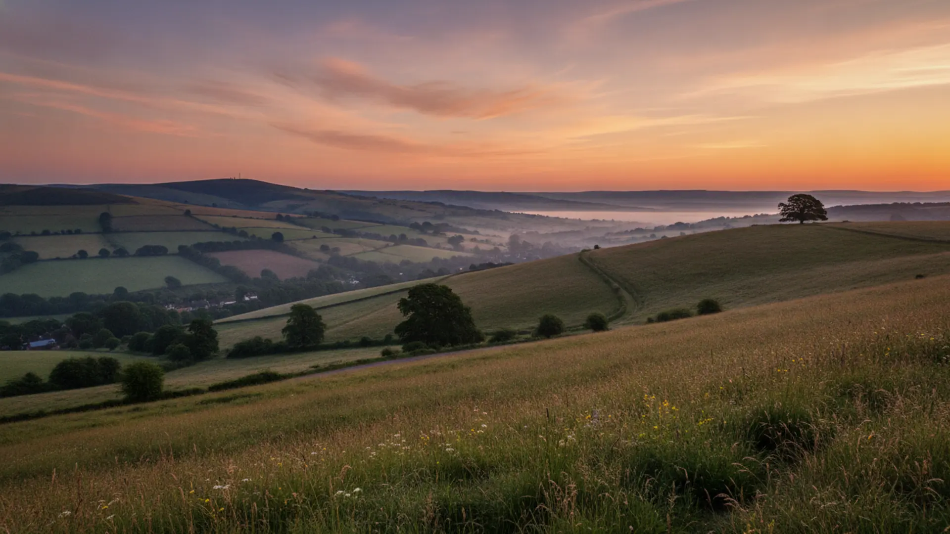 A beautiful sunrise over the British countryside, symbolising a fresh start and new goals.