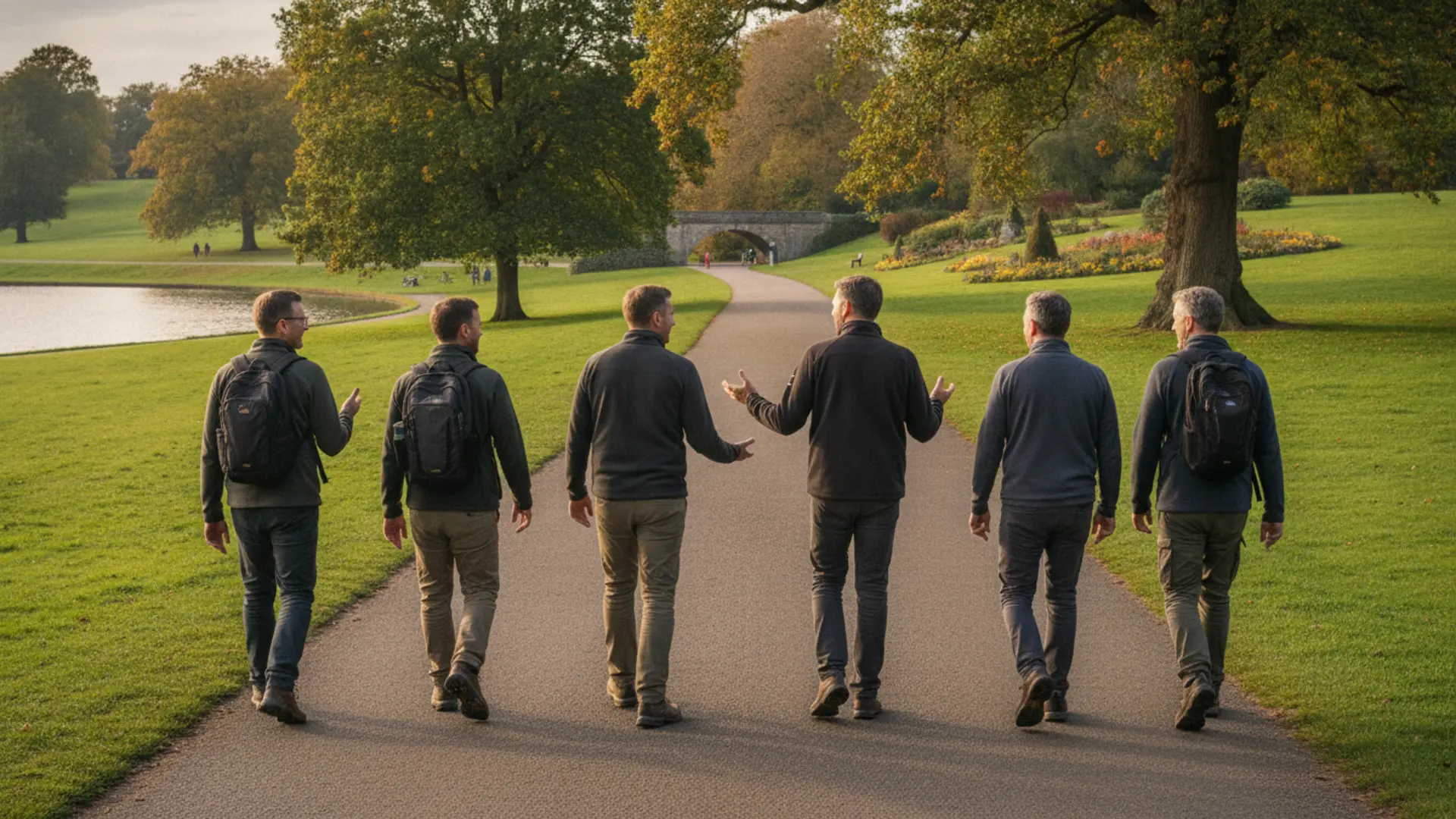 A group of men walking and talking together in a park, showing the power of peer support.