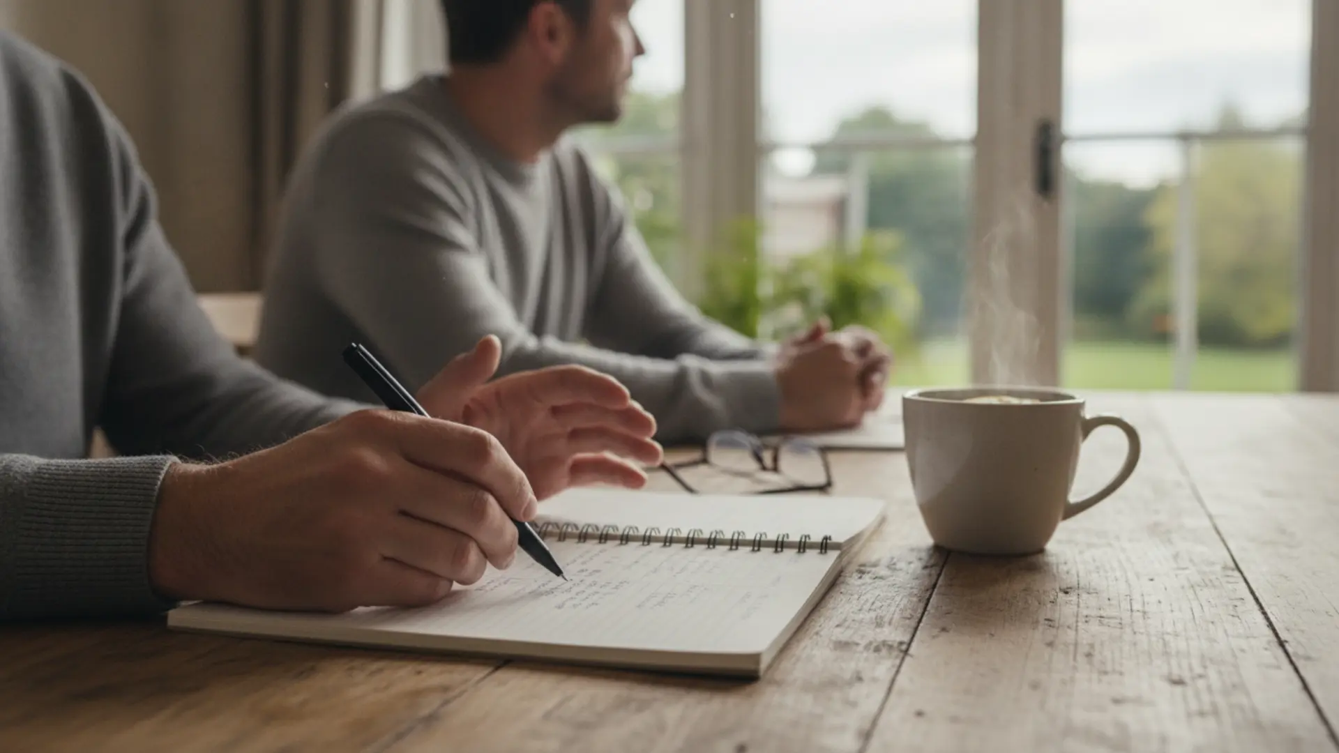 A man's hands on a notebook, making a plan to stop feeling that money stress is killing me.