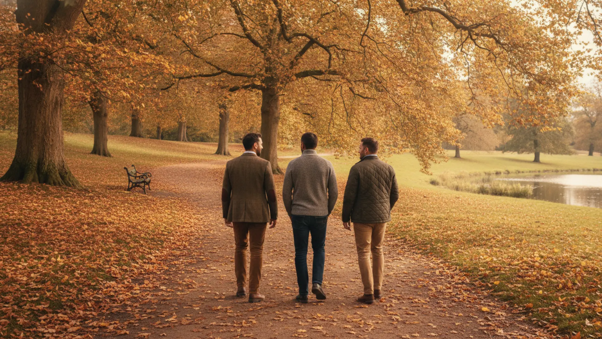 A group of men walking and talking in a park, finding peer support for life's challenges.