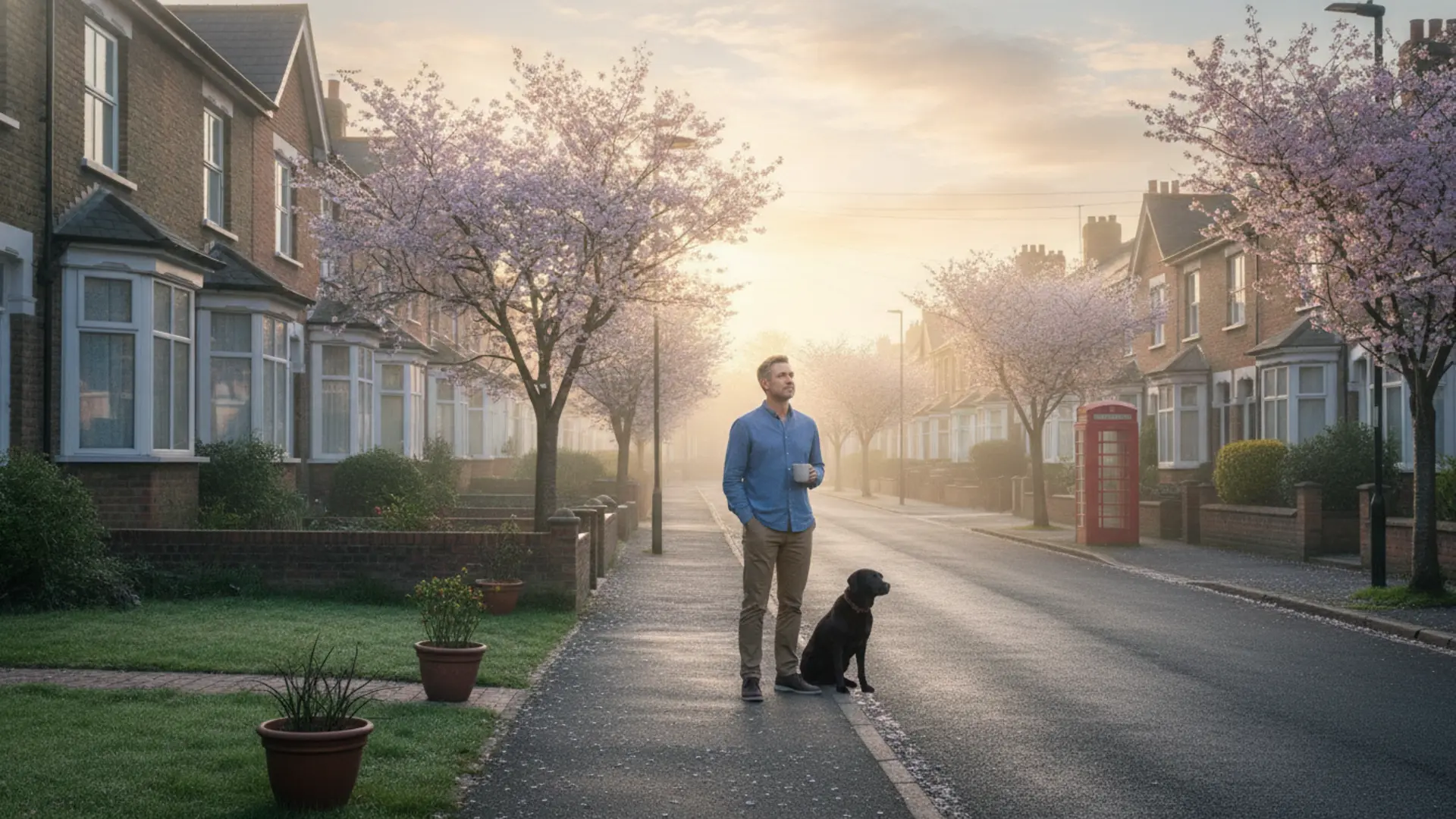 The sun rises over a quiet UK street, symbolising a fresh start.